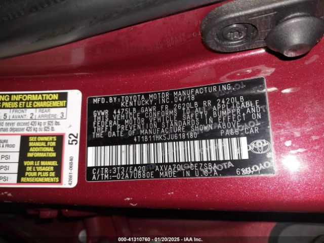 4T1B11HK5JU618180 Toyota CAMRY SE