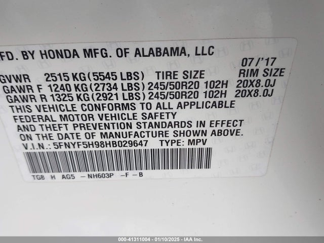 5FNYF5H98HB029647 Honda Pilot