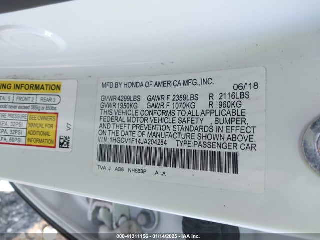 Aukcja sprzedaży 2018 Honda Accord Sedan, vin: 1HGCV1F14JA204284, numer aukcji: 41311156