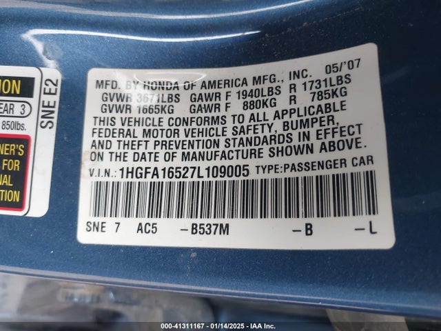 2007 HONDA CIVIC SDN 1HGFA16527L109005 Photo 8