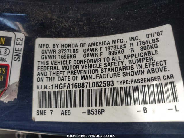 2007 HONDA CIVIC SDN 1HGFA16887L052593 Photo 8