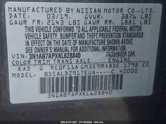 3N1AB7APXKL628840 Nissan Sentra