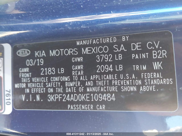 3KPF24AD0KE109484 KIA Forte