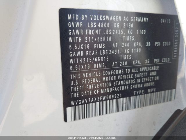 WVGAV7AX3FW609921 Volkswagen TIGUAN S