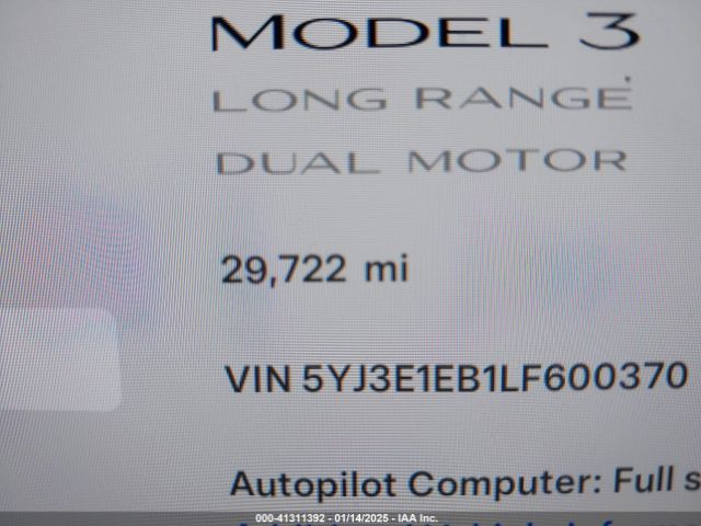 5YJ3E1EB1LF600370 Tesla Model 3 Long Range Dual Motor All-wheel Drive