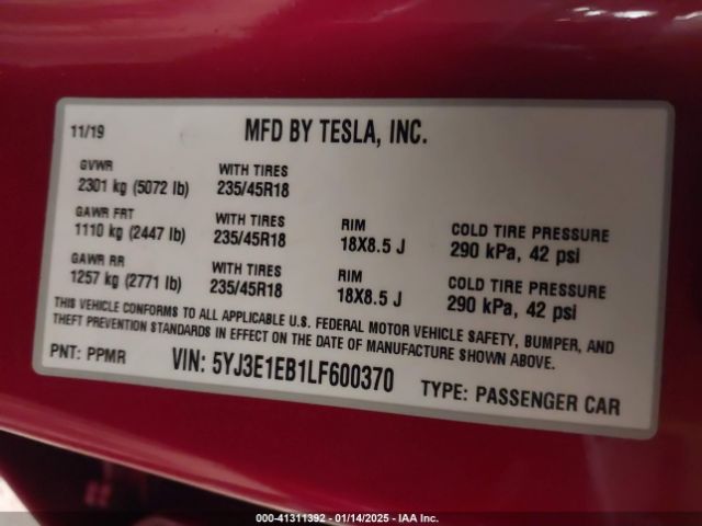 5YJ3E1EB1LF600370 Tesla Model 3 Long Range Dual Motor All-wheel Drive