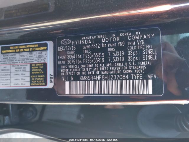 KM8SR4HF8HU232084 Hyundai Santa Fe Limited Ultimate