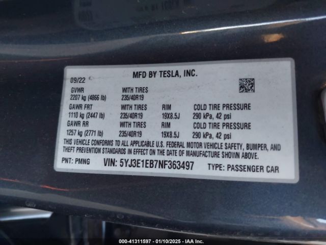 5YJ3E1EB7NF363497 Tesla Model 3 Long Range Dual Motor All-wheel Drive
