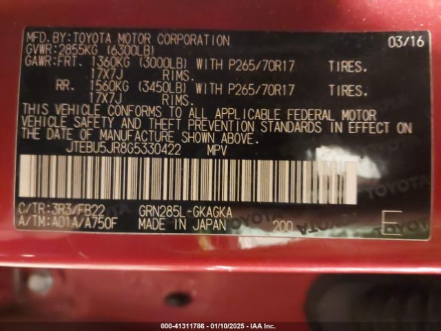 JTEBU5JR8G5330422 Toyota 4RUNNER SR5