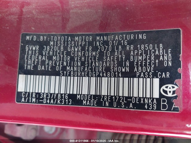 Toyota COROLLA LE 2016 5YFBURHE0GP448014 Image 9