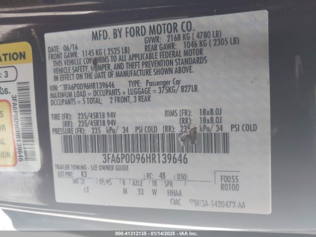 3FA6P0D96HR139646 Ford Fusion Titanium