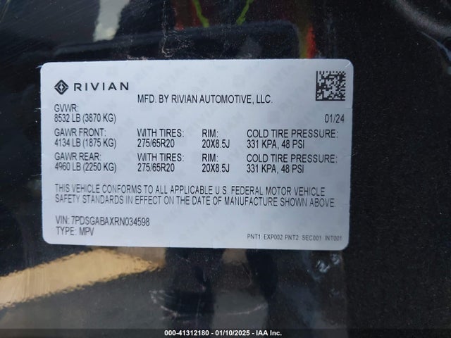 7PDSGABAXRN034598 Rivian R1s Adventure Quad Motor Large Pack