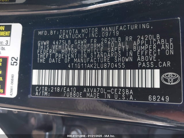 Toyota CAMRY SE 2020 4T1G11AK2LU870455 Image 9