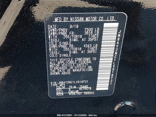 JN8AY2NC1LX516721 Nissan Armada Sv 4wd