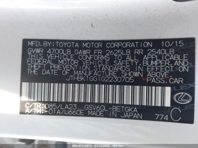 JTHBK1GG1G2230705 Lexus ES 350
