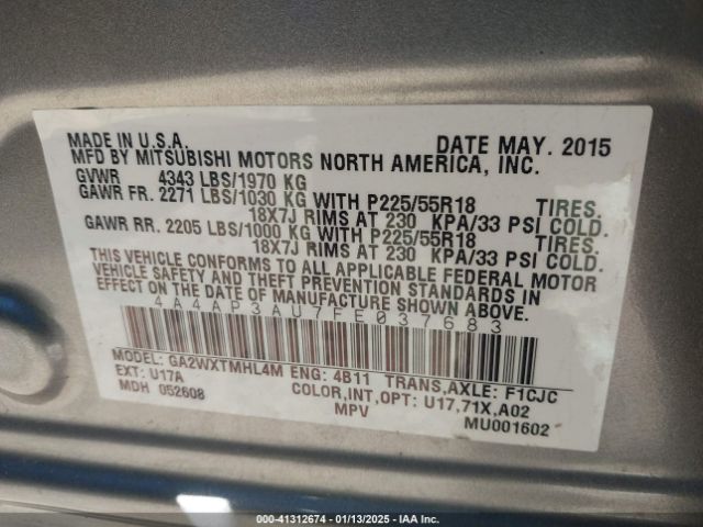 4A4AP3AU7FE037683 Mitsubishi Outlander Sport Es