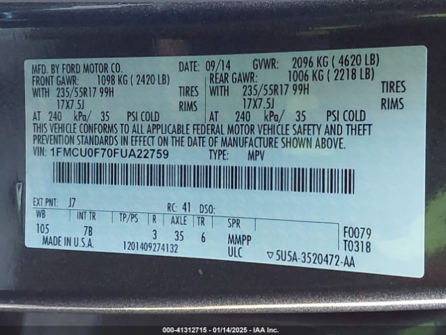 1FMCU0F70FUA22759 Ford ESCAPE S