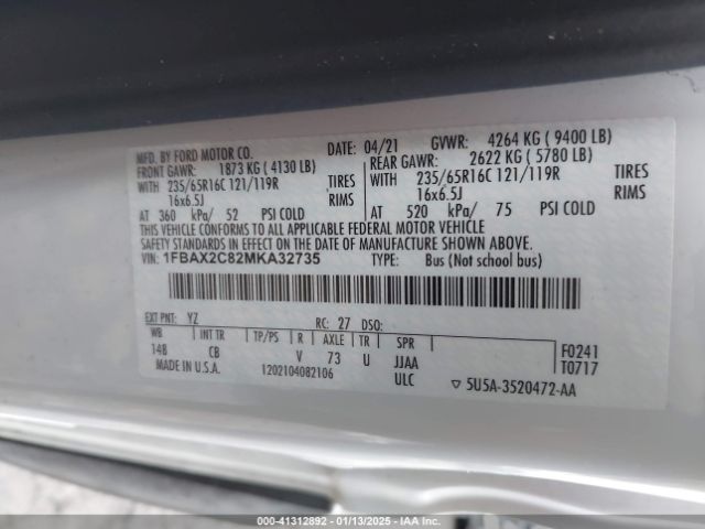 1FBAX2C82MKA32735 Ford Transit-350 Passenger Van Xlt