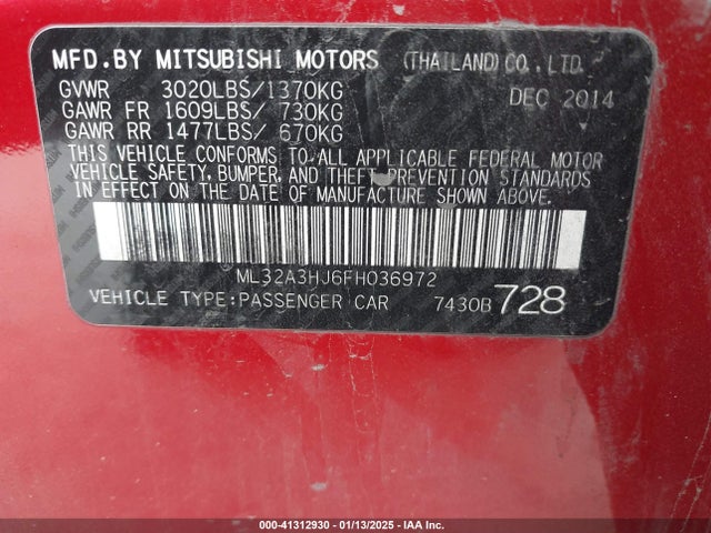 Продаж на аукціоні авто 2015 Mitsubishi Mirage De/rf, vin: ML32A3HJ6FH036972, номер лоту: 41312930