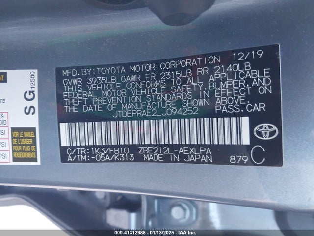 JTDEPRAE2LJ094252 Toyota COROLLA LE