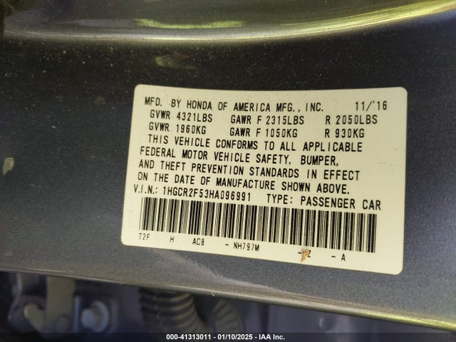 Продажа на аукционе авто 2017 Honda Accord Sport, vin: 1HGCR2F53HA096991, номер лота: 41313011