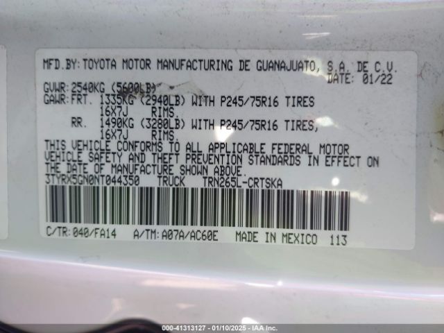 3TYRX5GN0NT044350 Toyota Tacoma Sr