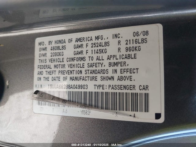 Aukcja sprzedaży 2008 Acura Tl 3.2, vin: 19UUA66288A049903, numer aukcji: 41313240