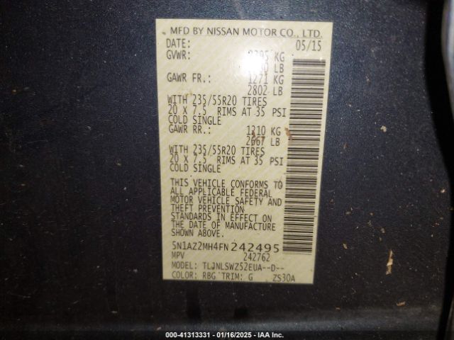 5N1AZ2MH4FN242495 Nissan Murano Platinum