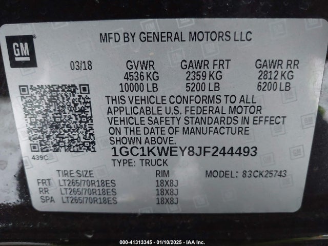 1GC1KWEY8JF244493 Chevrolet l5p - direct injection, duramax, gen 5, var 1