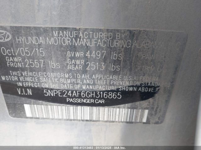 5NPE24AF6GH316865 Hyundai SONATA SE