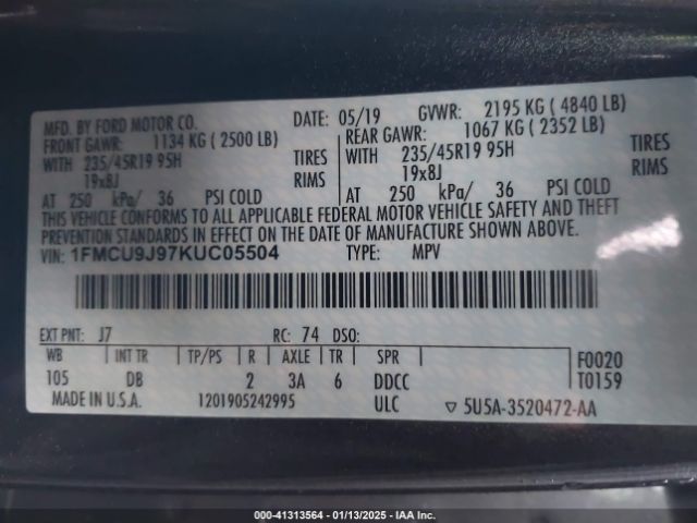2019 FORD ESCAPE 1FMCU9J97KUC05504 Photo 8