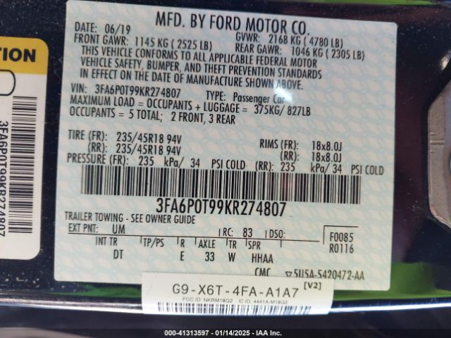 3FA6P0T99KR274807 Ford FUSION SE