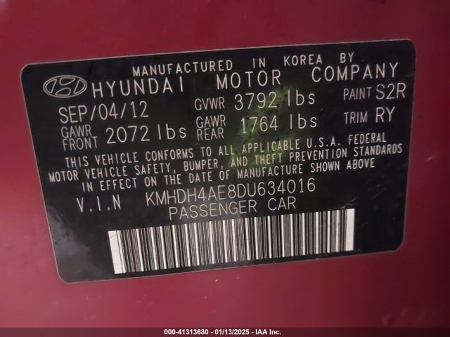 Продажа на аукционе авто 2013 Hyundai Elantra Limited, vin: KMHDH4AE8DU634016, номер лота: 41313680