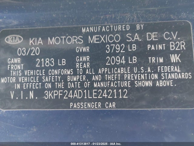 3KPF24AD1LE242112 KIA Forte Lxs