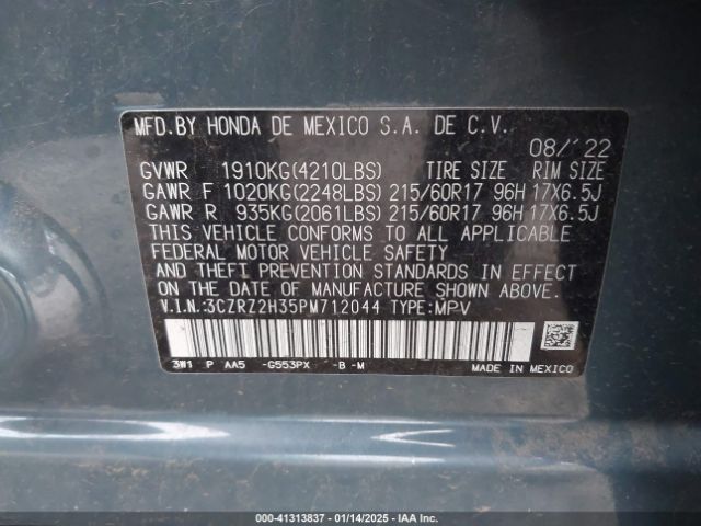 3CZRZ2H35PM712044 Honda Hr-v Awd Lx