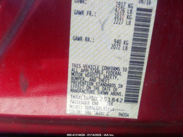 1N4AL3AP8GC251842 Nissan Altima 2.5/2.5 S/2.5 Sl/2.5 Sr/2.5 Sv