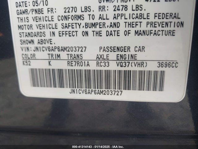 41314143 :رقم المزاد ، JN1CV6AP6AM203727 vin ، 2010 Infiniti G37 Journey مزاد بيع