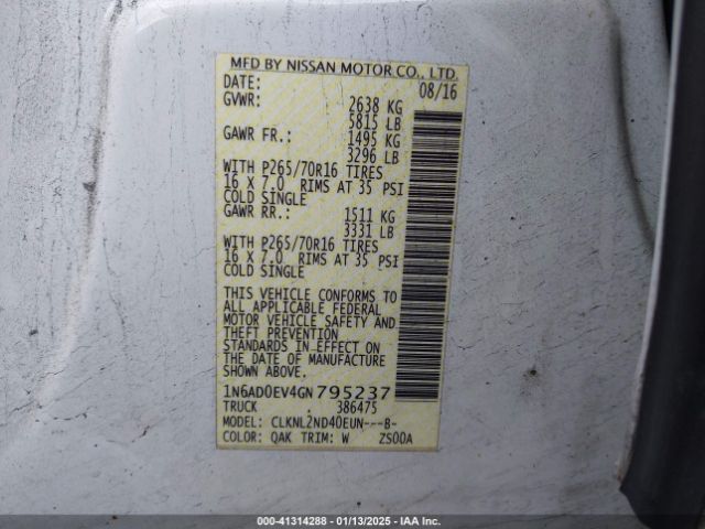 1N6AD0EV4GN795237 Nissan Frontier Pro-4x/s/sl/sv