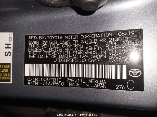 Toyota Corolla Hybrid Le 2020 JTDEBRBE5LJ010647 Image 9