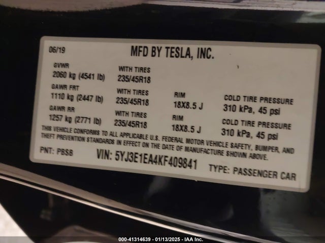 2019 TESLA MODEL 3 5YJ3E1EA4KF409841 Photo 8