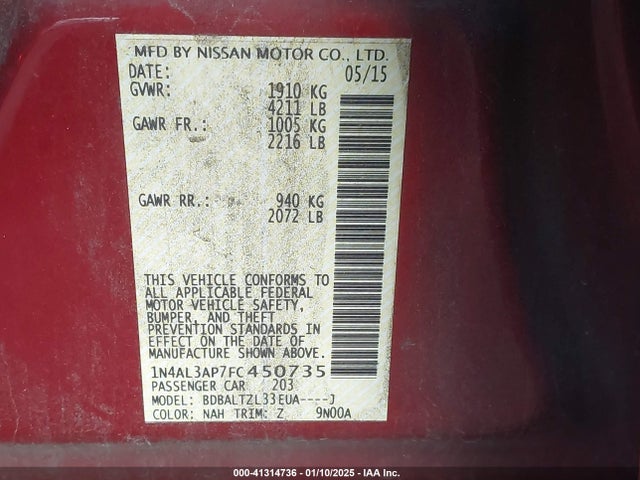 Nissan Altima 2.5 Sl 2015 1N4AL3AP7FC450735 Image 9