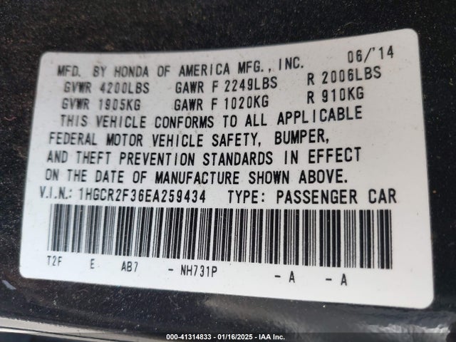 Honda ACCORD LX 2014 1HGCR2F36EA259434 Image 9