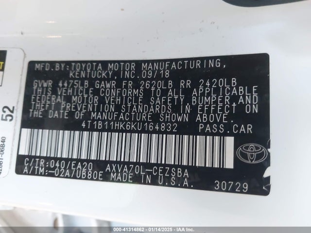 4T1B11HK6KU164832 Toyota CAMRY SE