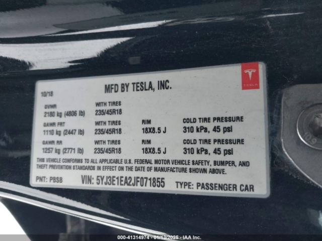 5YJ3E1EA2JF071855 Tesla Model 3 Long Range/mid Range