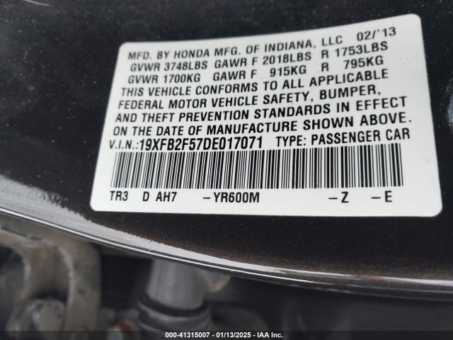 41315007 :رقم المزاد ، 19XFB2F57DE017071 vin ، 2013 Honda Civic Lx مزاد بيع