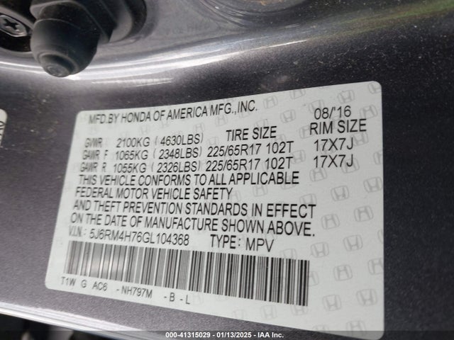 Honda Cr-v Ex-l 2016 5J6RM4H76GL104368 Image 9