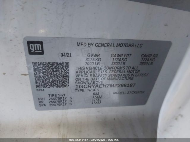 1GCRYAEH2MZ299187 Chevrolet Silverado 1500 4wd Double Cab Standard Bed Wt