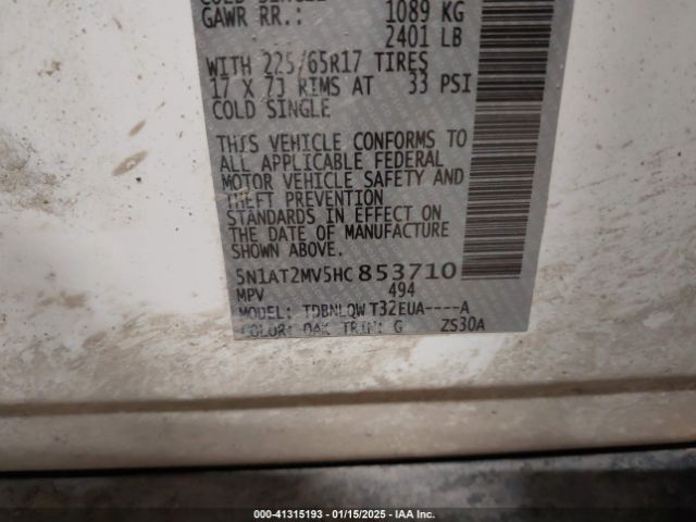 5N1AT2MV5HC853710 Nissan ROGUE SV
