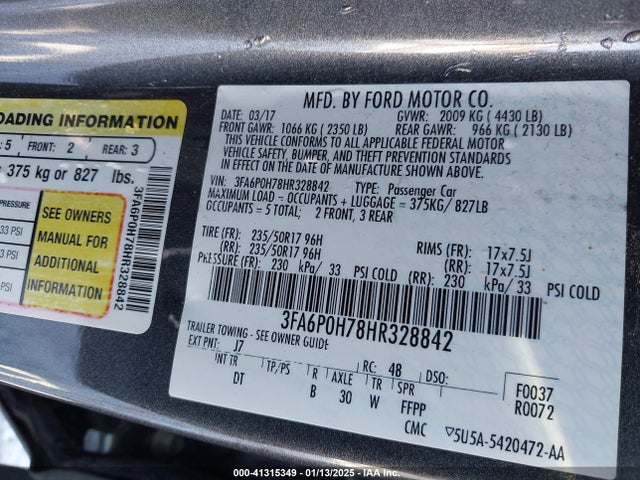 Ford FUSION SE 2017 3FA6P0H78HR328842 Image 9
