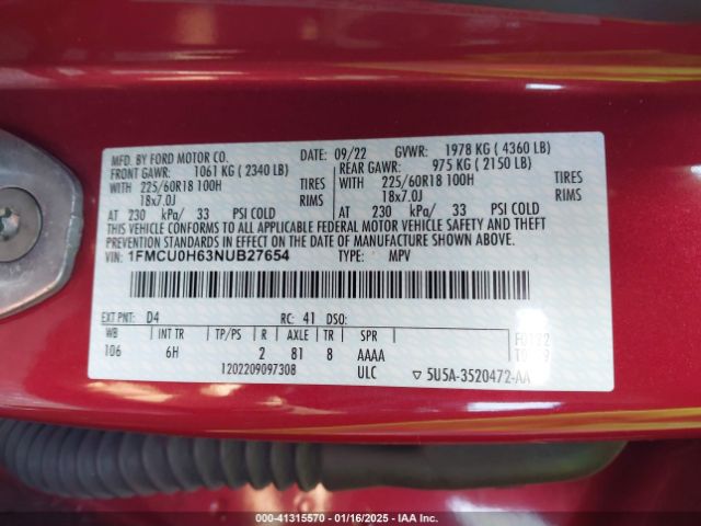 1FMCU0H63NUB27654 Ford ESCAPE SEL